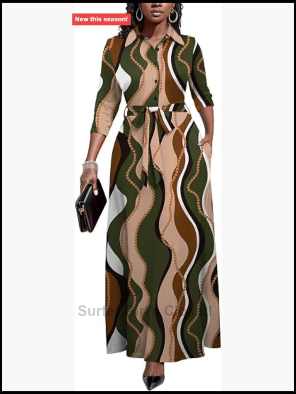 Women's African Print Maxi Dress 3/4 Sleeve Button Down Modest Church Dress